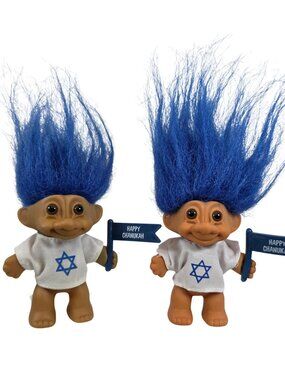 Vintage Russ Happy Chanukah Troll Dolls Lot of 2 Blue Hair Star of David Flags